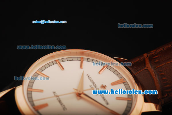 Vacheron Constantin Patrimony Swiss ETA 2892 Automatic Movement Rose Gold Case with Rose Gold Stick Markers and Brown Leather Strap - Click Image to Close